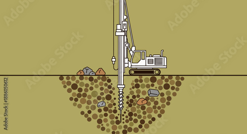 Industrial Foundation Drilling Machine Creating Borehole In Earth Construction Site