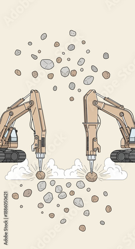 Heavy Machinery Demolition Scene With Rock Fragmentation On Light Background