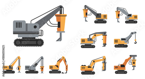 Industrial Construction Machinery And Demolition Equipment Vector Collection For Building Projects