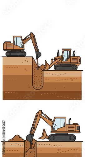 Heavy Machinery Digging Earthworks Construction Site Illustration Vector Art