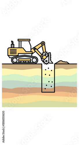 Heavy Machinery Digging Trench Through Layered Earth For Construction Project