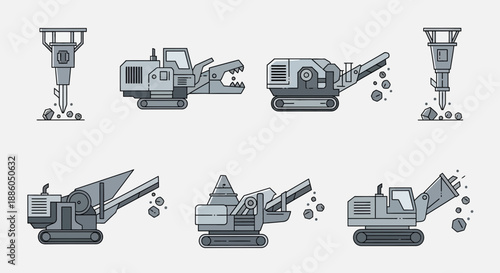 Industrial Construction Machinery Breaking Crushing Rocks Vector Illustration Set For Mining And