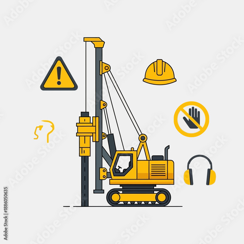 Industrial Foundation Drilling Rig And Crucial Safety Equipment Icons Illustration