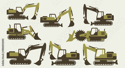 Industrial Construction Machinery Equipment Digger Vehicles Set Vector Graphics Work