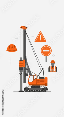 Industrial Construction Piling Rig And Safety Gear Flat Design Vector Graphic