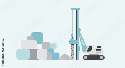 Industrial Foundation Drilling Rig Working On Construction Site With Blocks And Sand