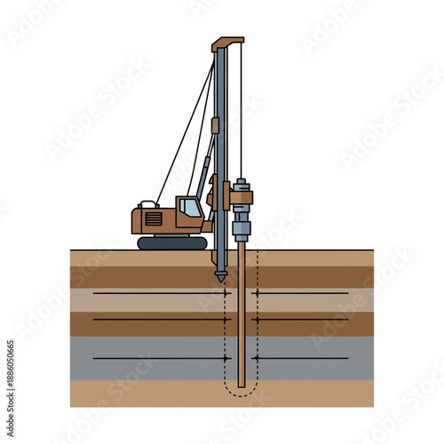 Industrial Foundation Drilling Rig Operating On Construction Site Illustration