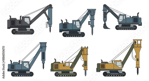 Industrial Foundation Heavy Duty Machines Pile Drivers And Excavators Vector Art Set For Building