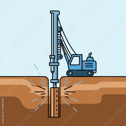 Industrial Foundation Installation By Modern Pile Driver In Ground Engineering Process