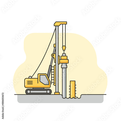 Heavy Machinery Drilling Rig At Construction Site Foundation Work Vector Illustration