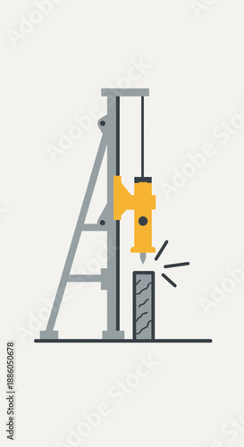 Industrial Foundation Installation With A Modern Pile Driver Machine Illustration