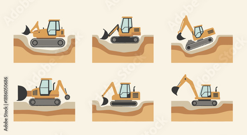 Heavy Machinery Earthwork Process Illustration Construction Site Operations Set