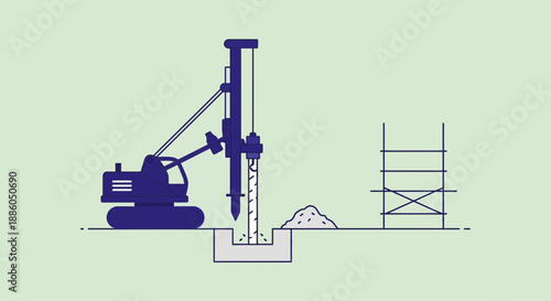 Industrial Construction Site Piling Machine Foundation Drilling Operations Flat Design