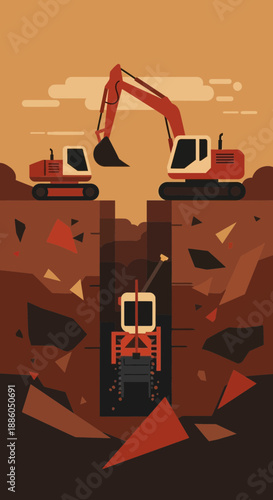 Heavy Machinery Excavating Deep Underground Trench At Construction Site For Development