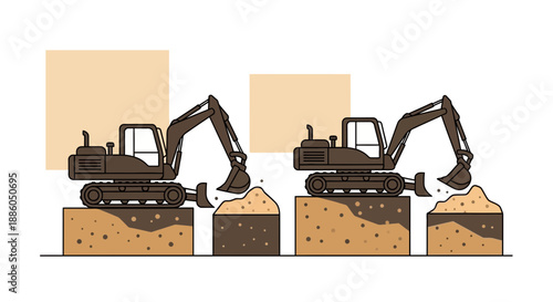 Heavy Machinery Excavating Earth At A Construction Site Illustration For Industrial Work