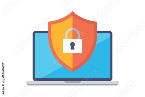 Laptop with Shield and Lock Protection Symbol on Screen for Cybersecurity and Safety Concept