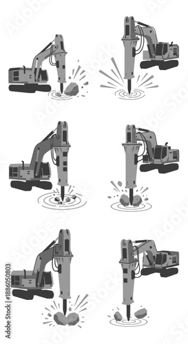 Industrial Heavy Duty Hydraulic Hammer Excavator Demolition Tools Vector Collection Set For