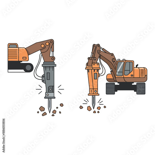 Heavy Machinery Excavator With Hydraulic Breaker Demolishing Ground Construction Site