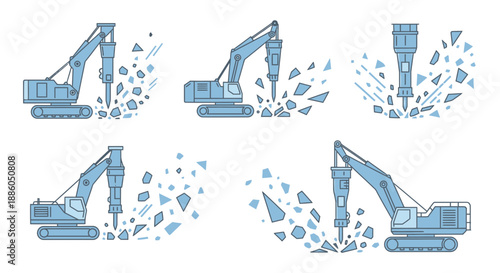 Heavy Machinery Excavator With Hydraulic Breaker Demolishing Material Illustration Set