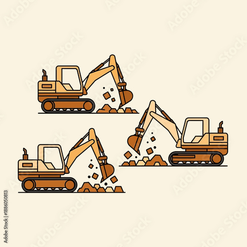 Heavy Machinery Excavators Actively Digging And Moving Earth On A Building Site