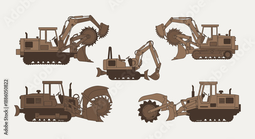 Industrial Heavy Duty Tracked Excavators And Diggers Equipment Vector Set