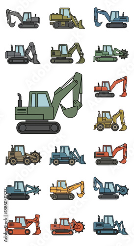 Industrial Heavy Equipment Digger Collection Vector Graphics Set Icons