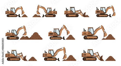 Heavy Machinery Excavators Digging Earth Mounds Construction Site Vector Illustration Set