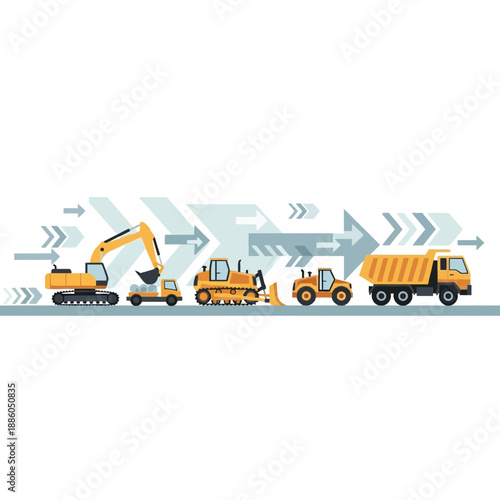 Heavy Machinery Fleet For Infrastructure Development And Building Progress Vector Design