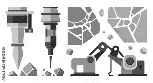 Industrial Demolition Equipment And Rock Breaking Operations Vector Graphics Collection