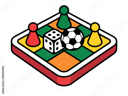 Colorful Game Board with Dice, Soccer Ball, and Game Pieces for Fun and Entertainment