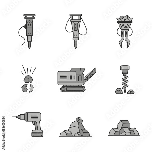 Industrial Demolition And Rock Breaking Equipment Icons Set For Construction Projects Vector