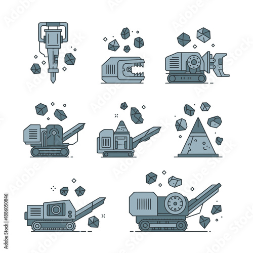 Heavy Machinery For Rock Processing And Construction Vector Set