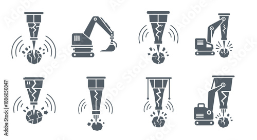 Industrial Demolition Equipment Icons Featuring Hydraulic Breakers And Heavy Machinery