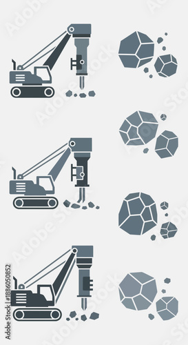 Industrial Heavy Machinery Breaking Stones Icon Collection Concept Vector Illustration