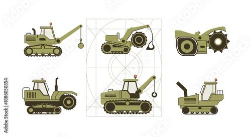 Industrial Heavy Equipment Machines Assortment For Construction And Demolition Projects Vector