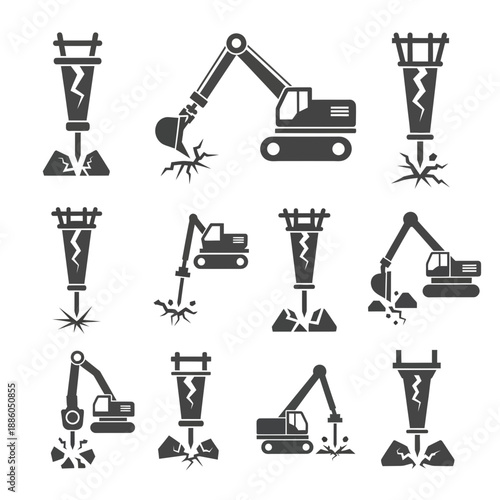 Industrial Demolition Equipment Icons Set Powerful Machinery Breaking Ground And Rocks Vector