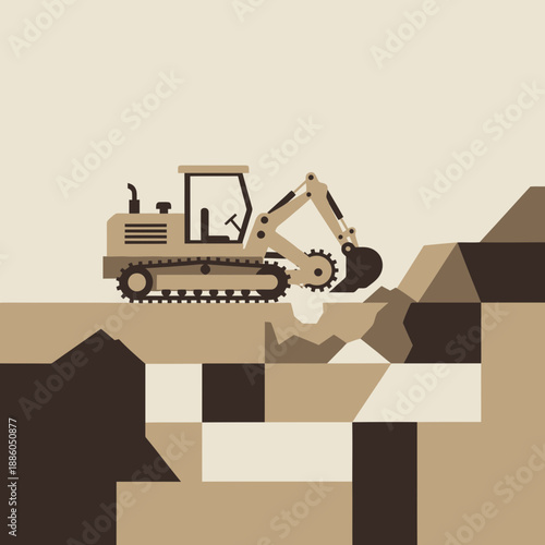 Industrial Heavy Machinery Excavator Digging Earth Moving Construction Site Minimal Flat Design