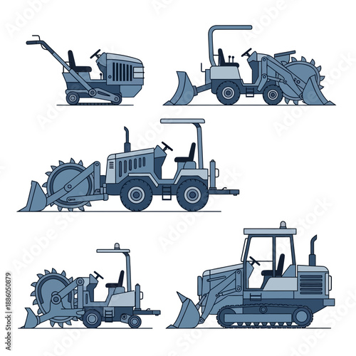 Industrial Heavy Machinery Collection Line Art Illustrations Set For Construction Projects