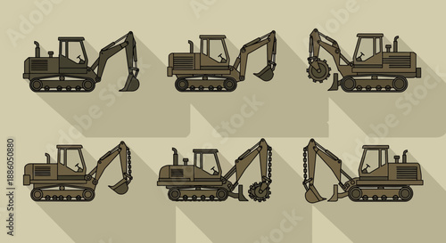 Industrial Heavy Machinery Excavator Collection Flat Design Style Illustration Pack