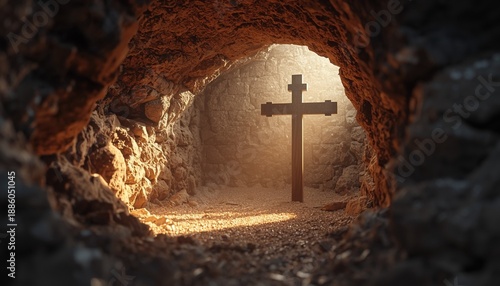 A wooden cross stands in a cave with a beam of light shining on it