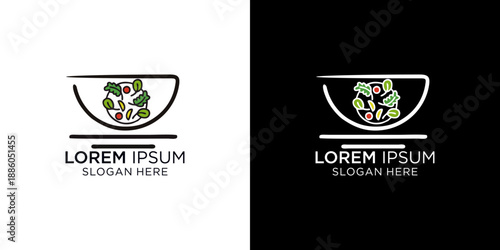 Logo design for a vegan food brand featuring a colorful salad bowl on a deferent color background, perfect for vegan or salad restaurants, cafes, or food-related businesses looking for a professional 