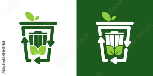 Eco friendly recycling symbol with trash can and green leaves, promoting sustainability and environmental conservation