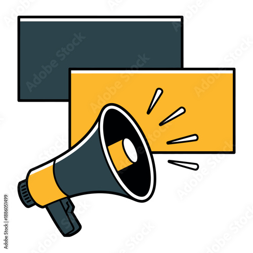 Megaphone with Yellow and Gray Rectangles, Announcement Speaker Icon with Text Boxes