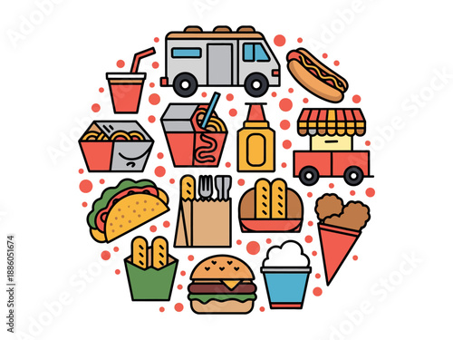 Colorful Fast Food Truck Menu Icons with Tasty Street Food and Drinks Illustration