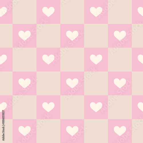 Valentine Seamless Check Pattern with Hearts, Romantic Pink Love Vector Background