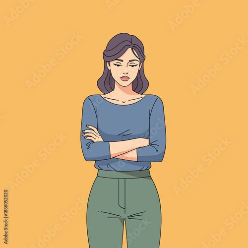 Flat vector illustration of a displeased woman with arms crossed, embodying a cold winter mood, perfect for winter-themed designs