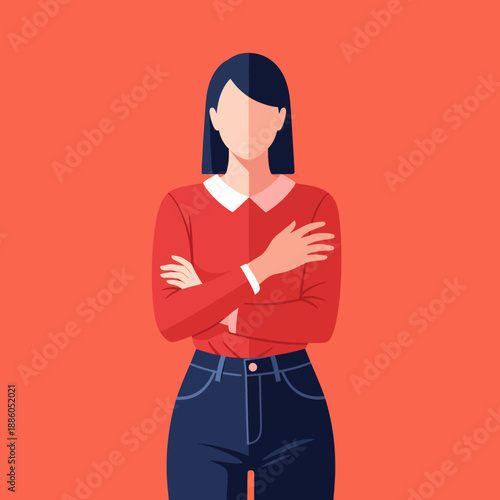 A stylish young woman feeling the cold, depicted in a minimalist flat vector winter illustration, perfect for concepts related to winter and chilly weather and seasonal discomfort
