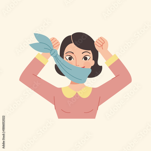 A woman in a pink top wearing a light blue scarf covering her mouth, depicting a cold winter day in flat vector illustration style