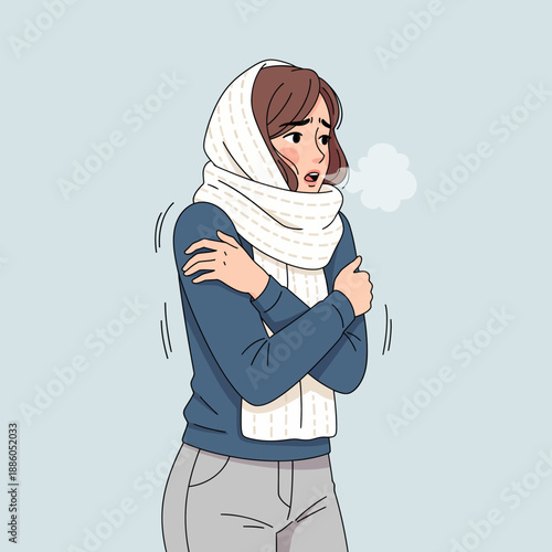 A shivering young woman feeling the chill of winter, dressed warmly in a scarf, depicted in a stylish flat vector winter illustration expressing discomfort from the cold weather