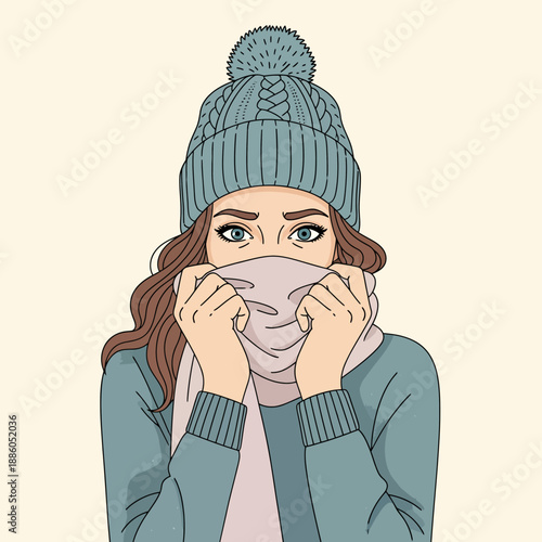 Stylish flat vector winter illustration capturing a young woman bundled warmly against the cold, her eyes peeking out from a cozy scarf in this charming seasonal portrait
